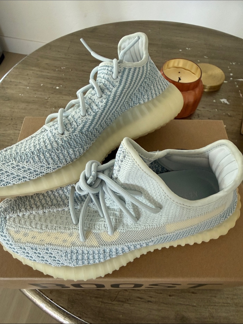 adidas Women's Light Blue Knit Sneakers with Cream Sole Yeezys. Worn maybe twice